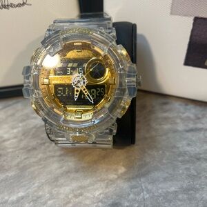 Clear & Gold PINDOWS Sport Watch – Analog Digital Waterproof Resin